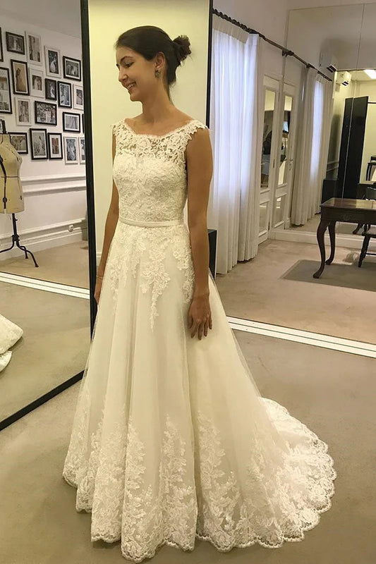 Simple lace transparent decal chiffon A-line wedding dress