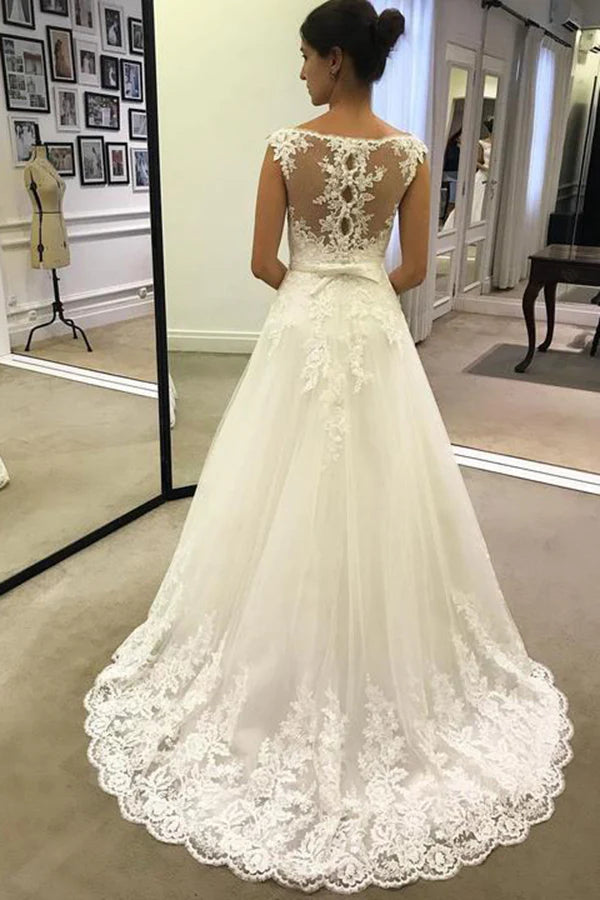 Simple lace transparent decal chiffon A-line wedding dress