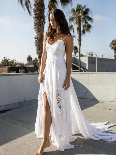 Simple thin suspender backless lace decal beach wedding dress