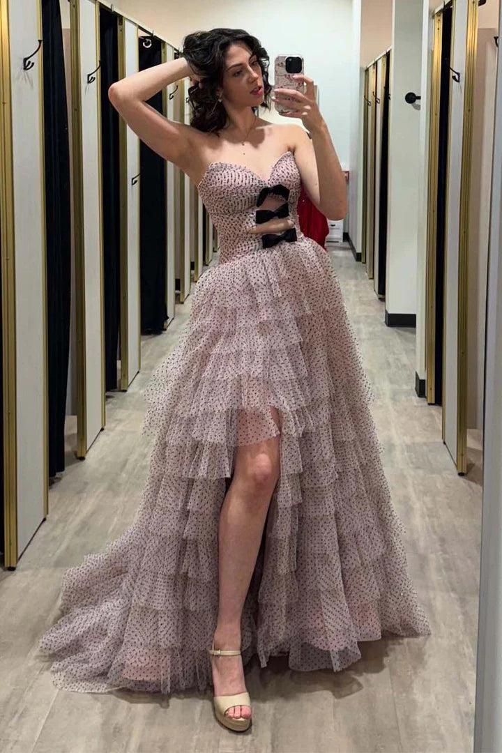 Strapless cute polka dot ball dress with thigh slit