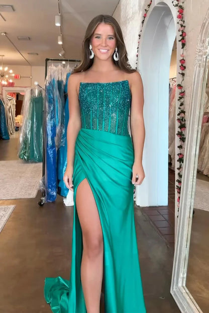 Fitted strapless beaded high slit high slit ball gown
