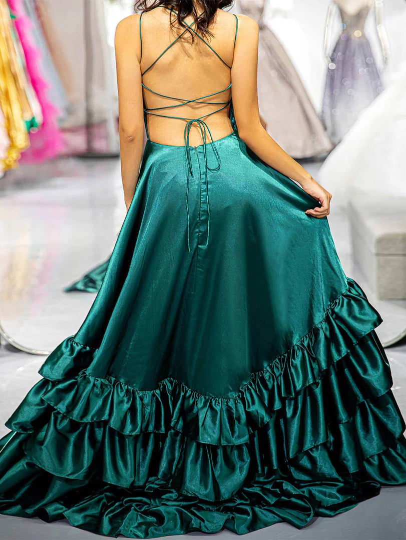 Thin camisole backless strap ruffle edge  cute ball dress with slit