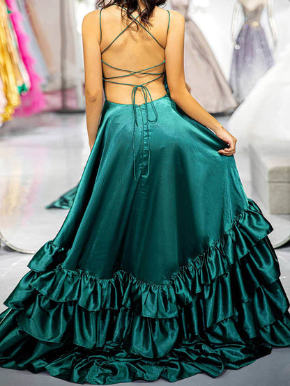 Thin camisole backless strap ruffle edge  cute ball dress with slit