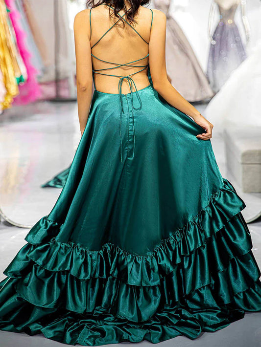 Thin camisole backless strap ruffle edge  cute ball dress with slit
