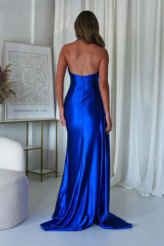Navy Blue Deep V-neck Shoulder Strap Side Split Dress