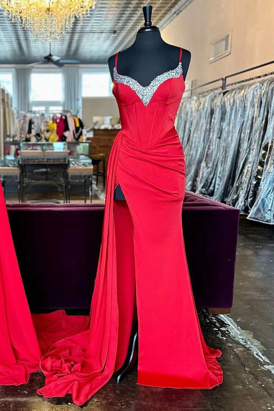 V-neck slim suspender mermaid dress with side slit