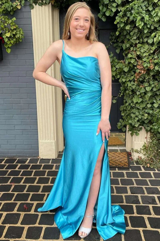 Single shoulder pleated long ball skirt with exposed shoulder straps and split straps