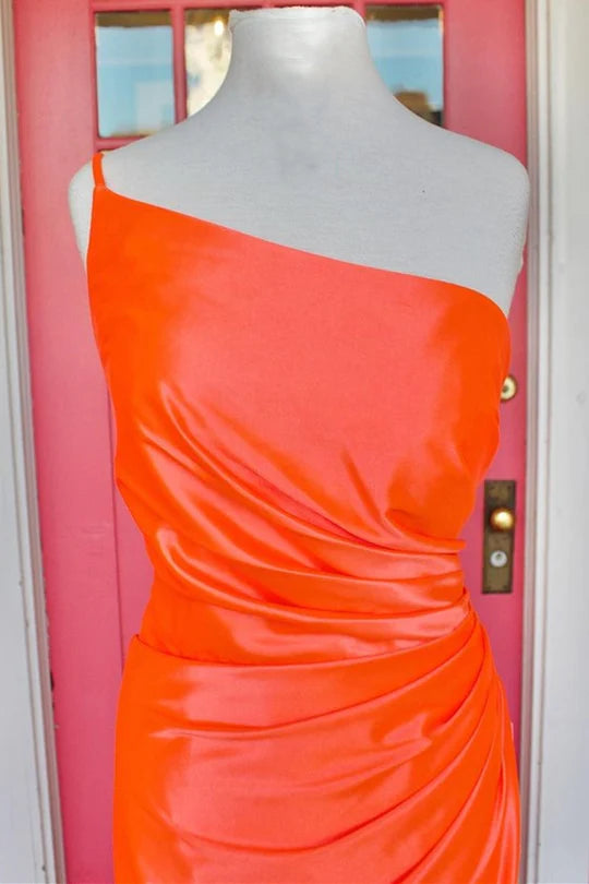 Single shoulder pleated long ball skirt with exposed shoulder straps and split straps