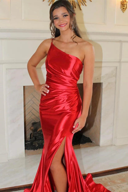 Single shoulder pleated long ball skirt with exposed shoulder straps and split straps