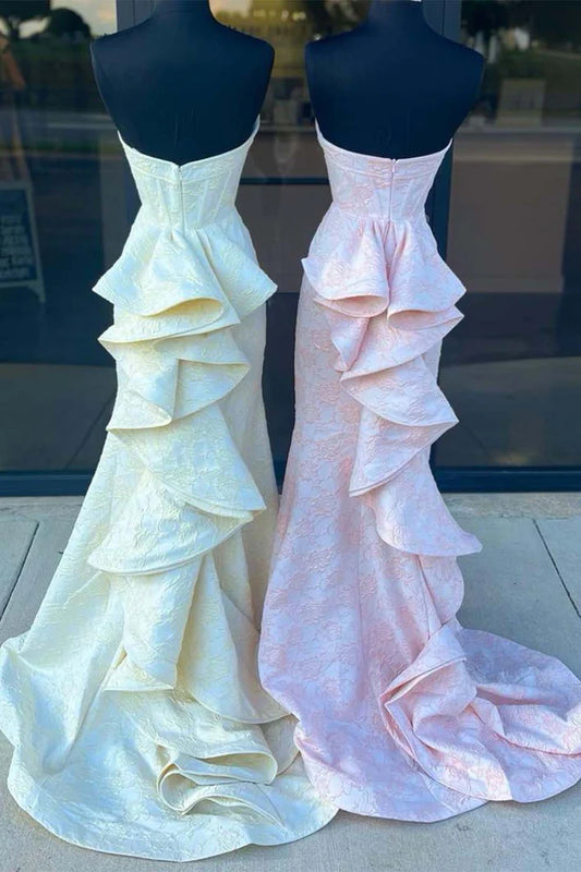 Corset Bodice Strapless Floral Prom Dress with Slit