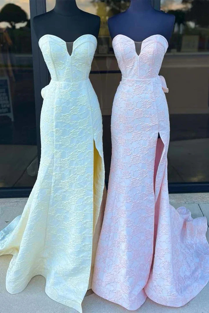 Corset Bodice Strapless Floral Prom Dress with Slit