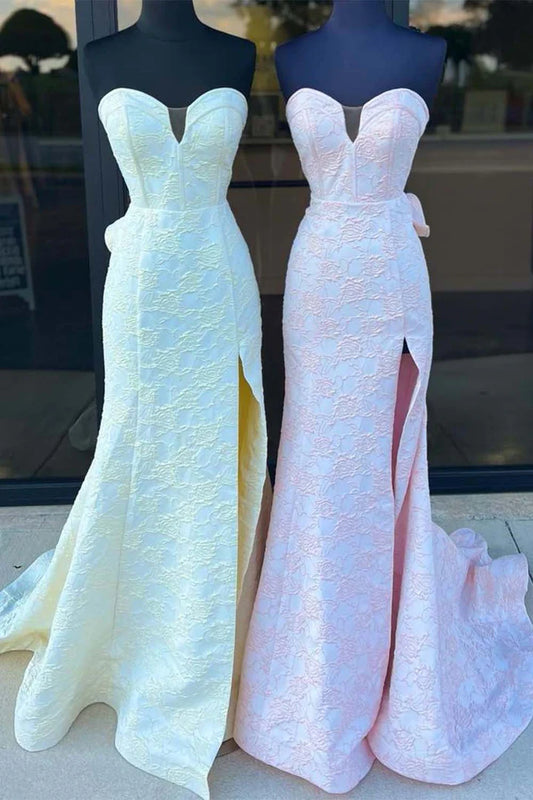Corset Bodice Strapless Floral Prom Dress with Slit