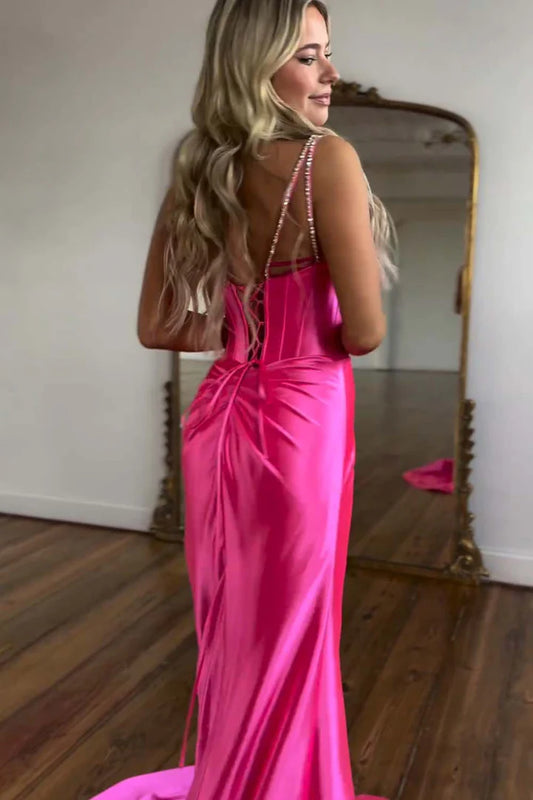 Strapless fishbone strapless slim fit side slit ball skirt with tight corset embellishment beads
