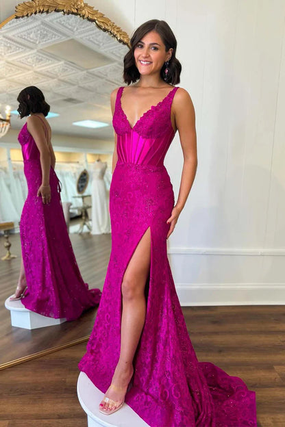 Deep V tight lace fishbone corset slit backless ball dress