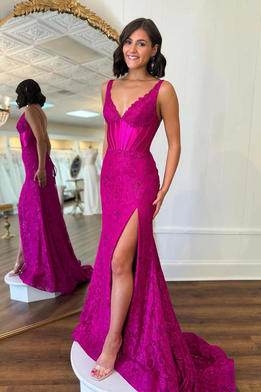 Deep V tight lace fishbone corset slit backless ball dress