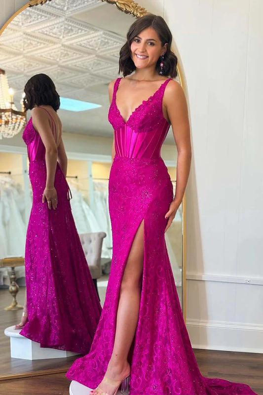 Deep V tight lace fishbone corset slit backless ball dress