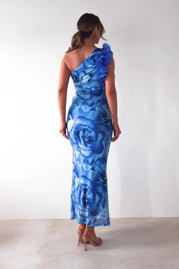 Single shoulder asymmetric tight skirt three-dimensional floral dress