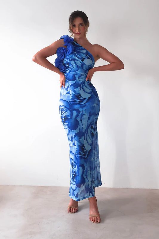 Single shoulder asymmetric tight skirt three-dimensional floral dress