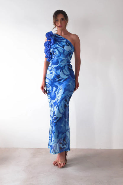Single shoulder asymmetric tight skirt three-dimensional floral dress