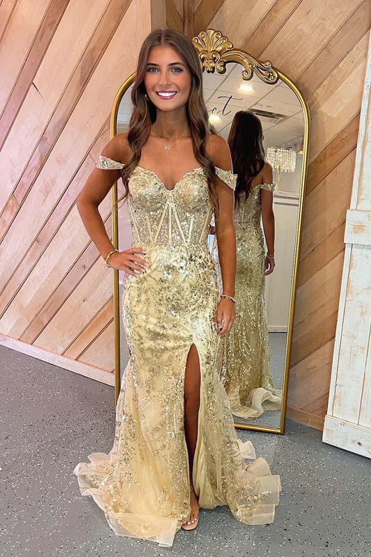 Glitter tight fishbone suspender side slit ball gown