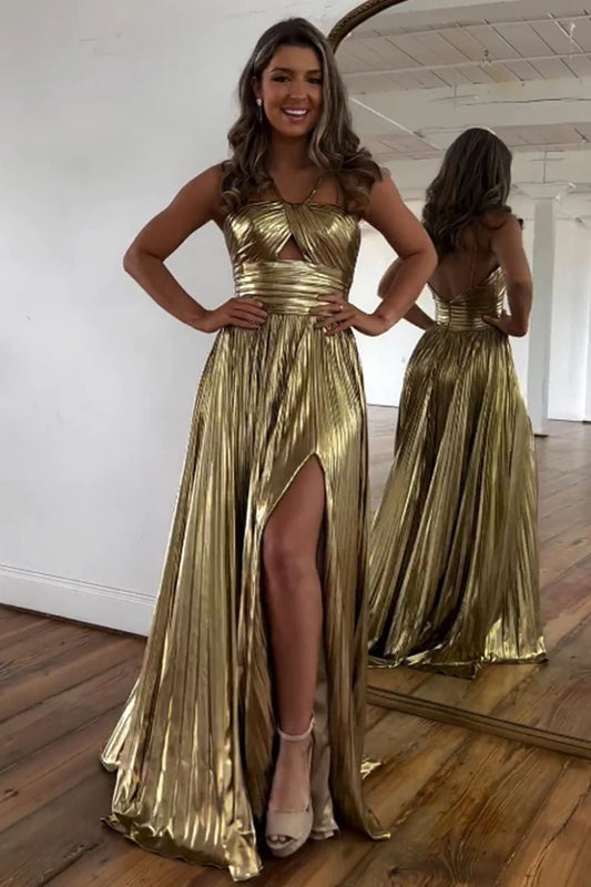 Hanging neck, exposed back, side slit, golden metal ball skirt with keyhole seam
