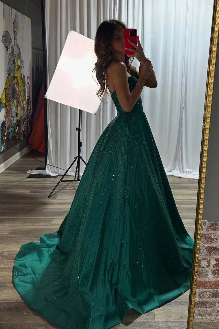 Green Strap Beaded Ball Dress