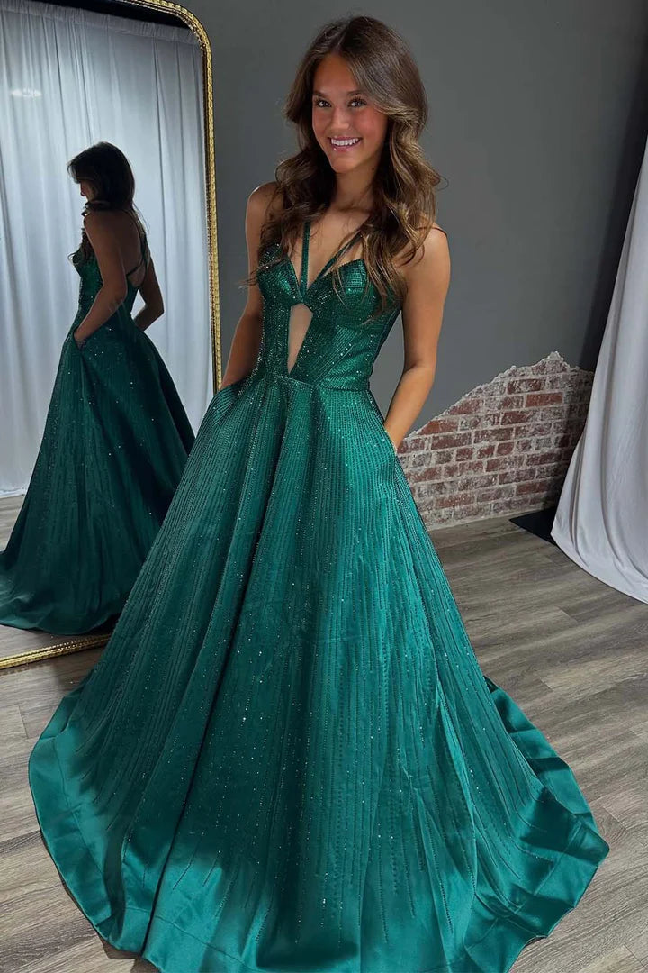 Green Strap Beaded Ball Dress