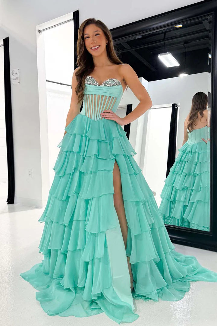 Strapless Sheer Corset Bodice Prom Gown with Ruffle Skirt