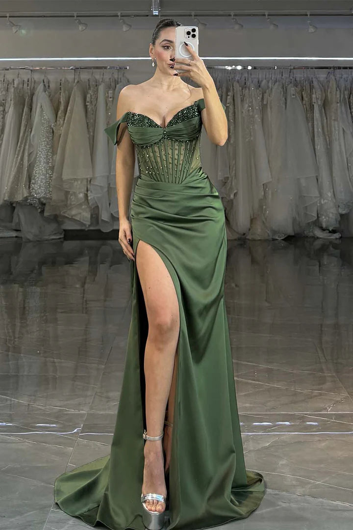 Deep green deep v fish bone off the shoulder bead decoration high slit ball dress