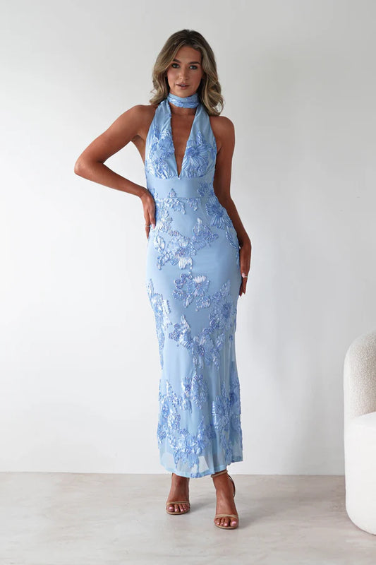 Deep V neck hanging backless dress