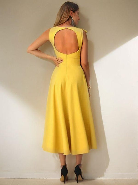 A-Line/Princess Stretch Crepe Ruffles Jewel Sleeveless Tea-Length Dresses