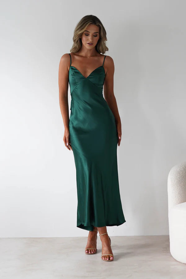 Deep green thin shoulder strap backless dress