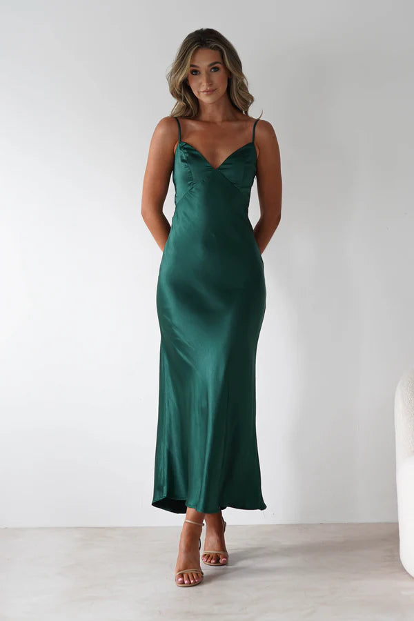 Deep green thin shoulder strap backless dress