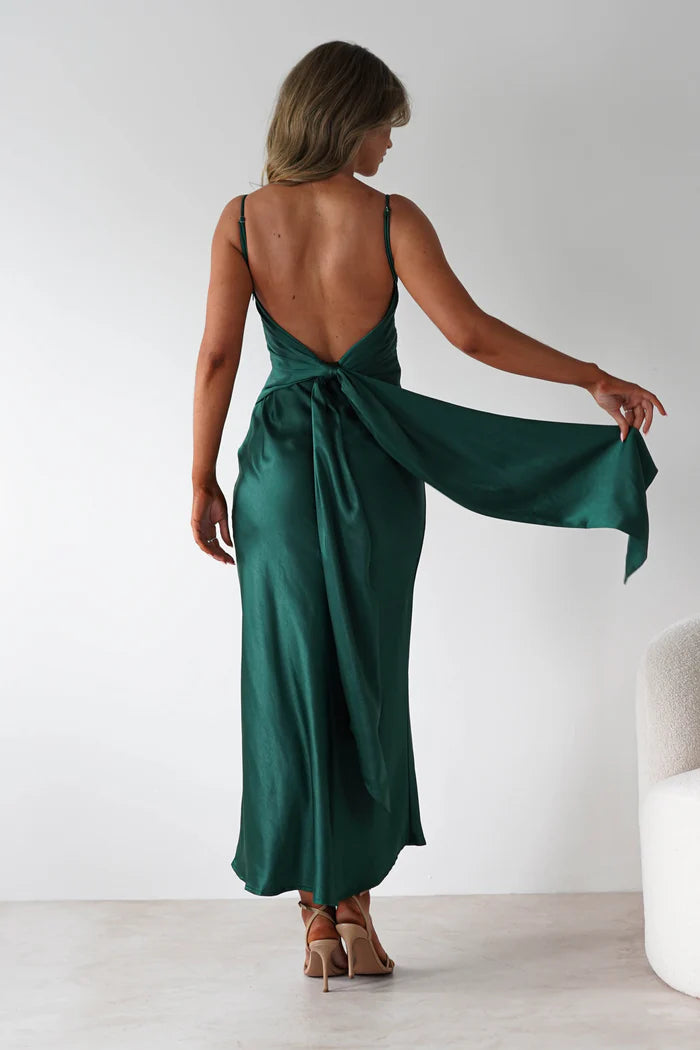 Deep green thin shoulder strap backless dress