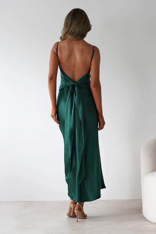 Deep green thin shoulder strap backless dress