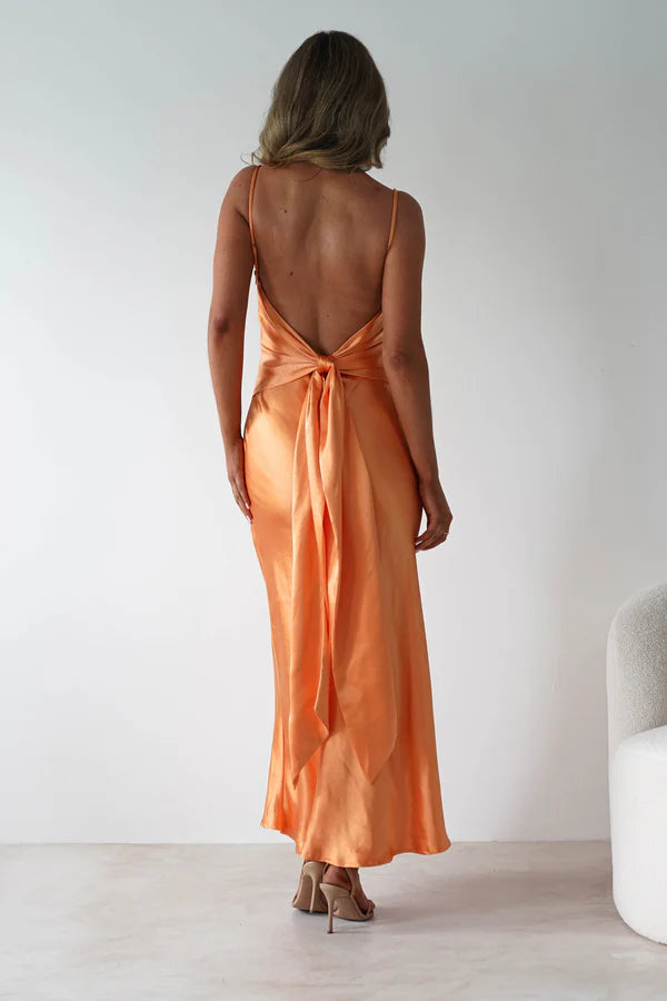 Thin shoulder strap backless waist cinching long dress with straps