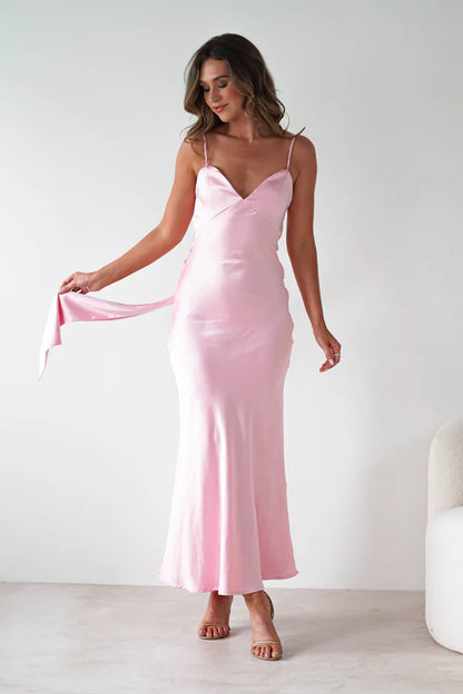 Light pink slim shoulder strap backless slim fit long skirt dress