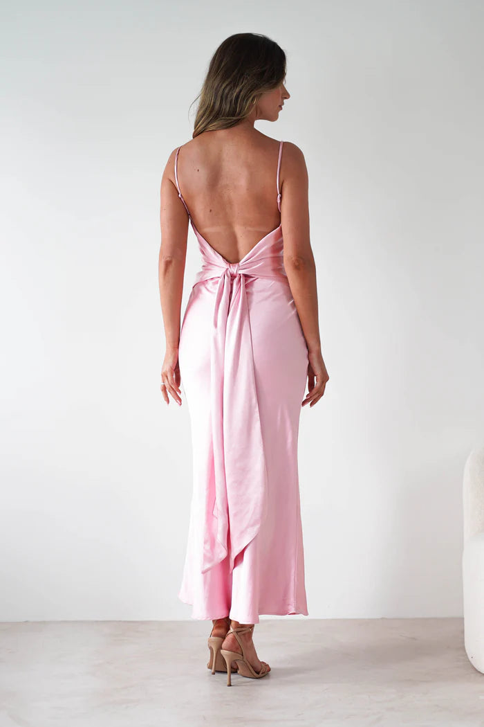 Light pink slim shoulder strap backless slim fit long skirt dress