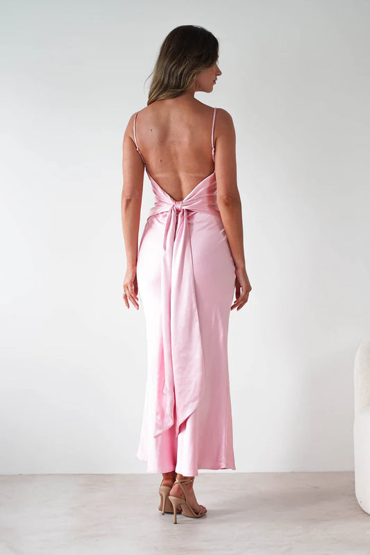 Light pink slim shoulder strap backless slim fit long skirt dress