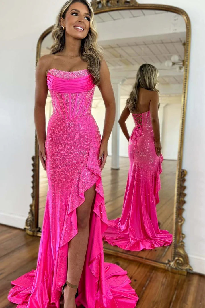 Strapless tight corset slim ball skirt with ruffled edges