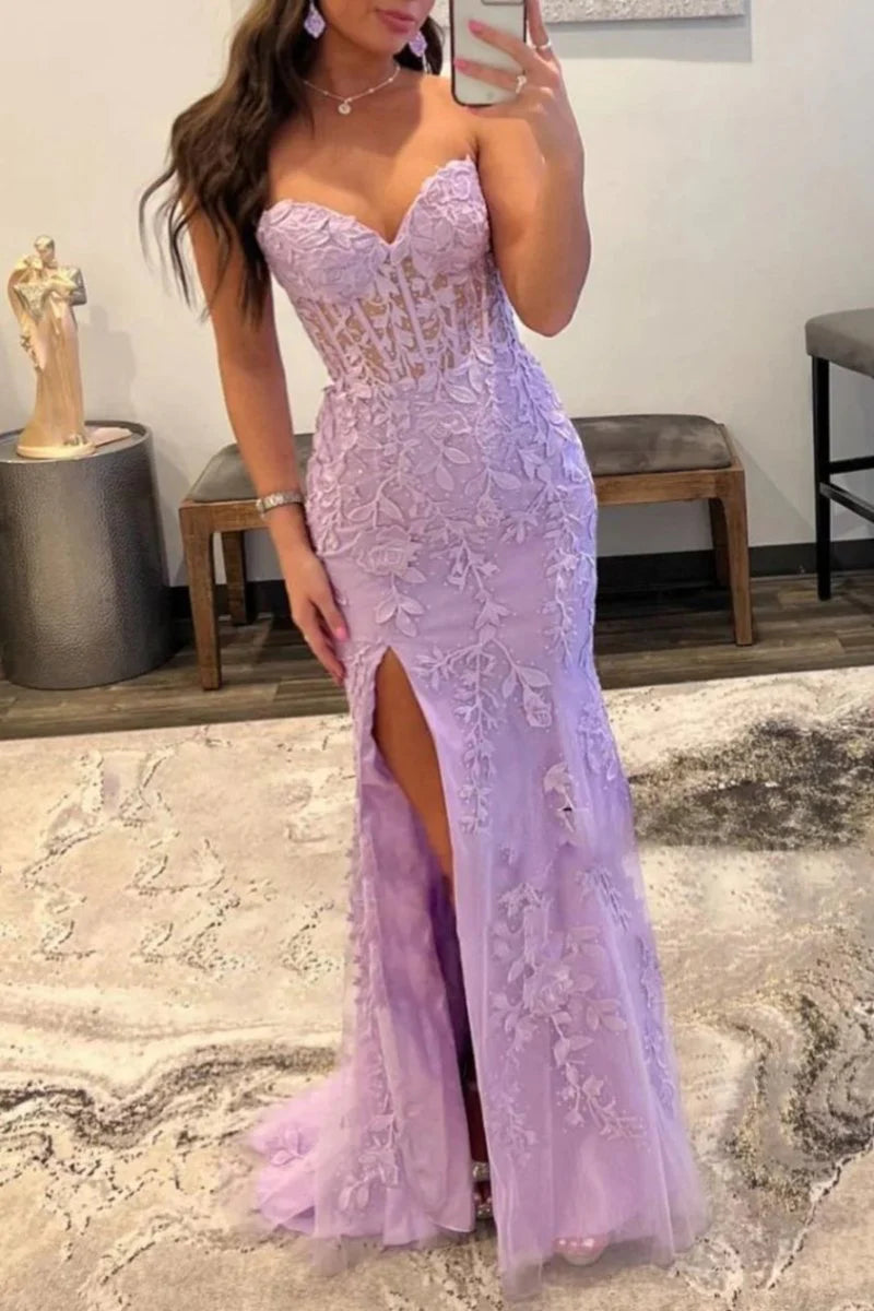 Glamorous Sleeveless lace corset beaded high-slit mermaid Evening Dress