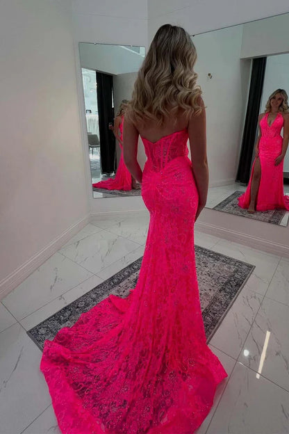 Hot pink deep v lace camisole ball skirt with side slit