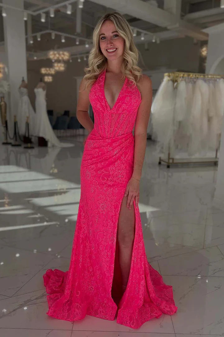 Hot pink deep v lace camisole ball skirt with side slit