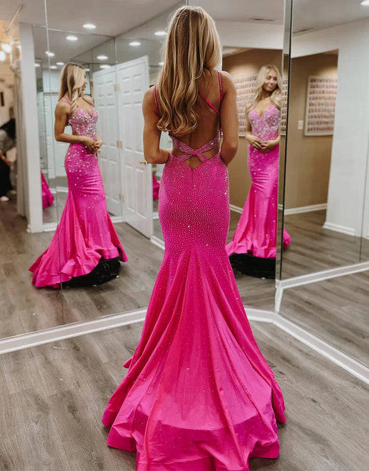 Mermaid Deep V Bareback Hot Pink Beaded Ball Dress