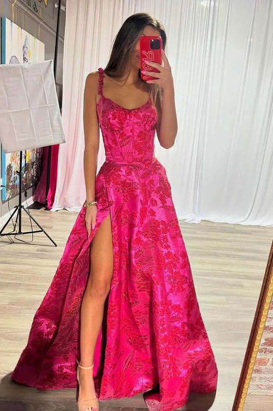 Hot pink flower slit camisole floor length dress ball gown