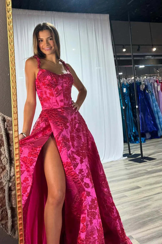 Hot pink flower slit camisole floor length dress ball gown