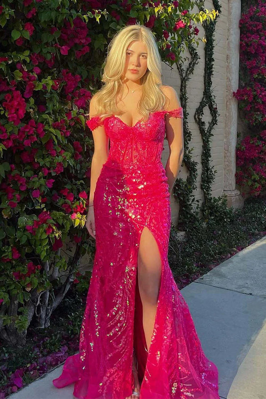 Off the Shoulder Corset Fitted Prom Dress with Sequins