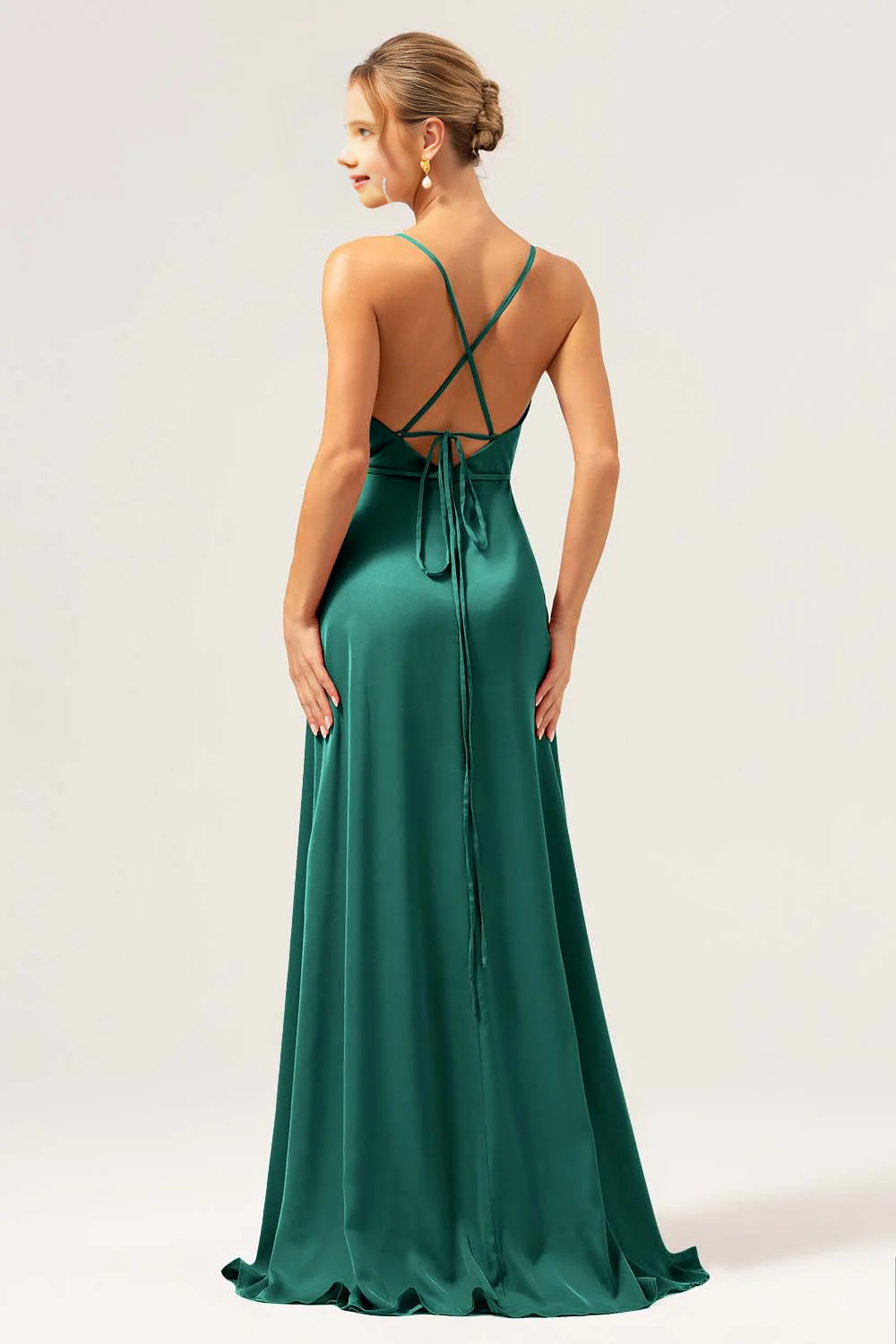 A-line high neck long satin bridesmaid dress with exposed shoulder straps and split ends