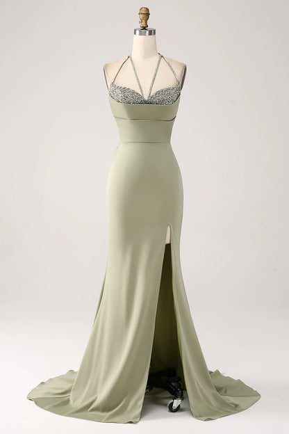 V-neck beaded long slit ball dress with waist cinched mermaid