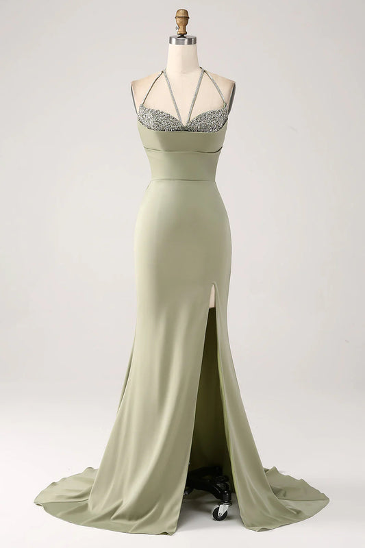 V-neck beaded long slit ball dress with waist cinched mermaid